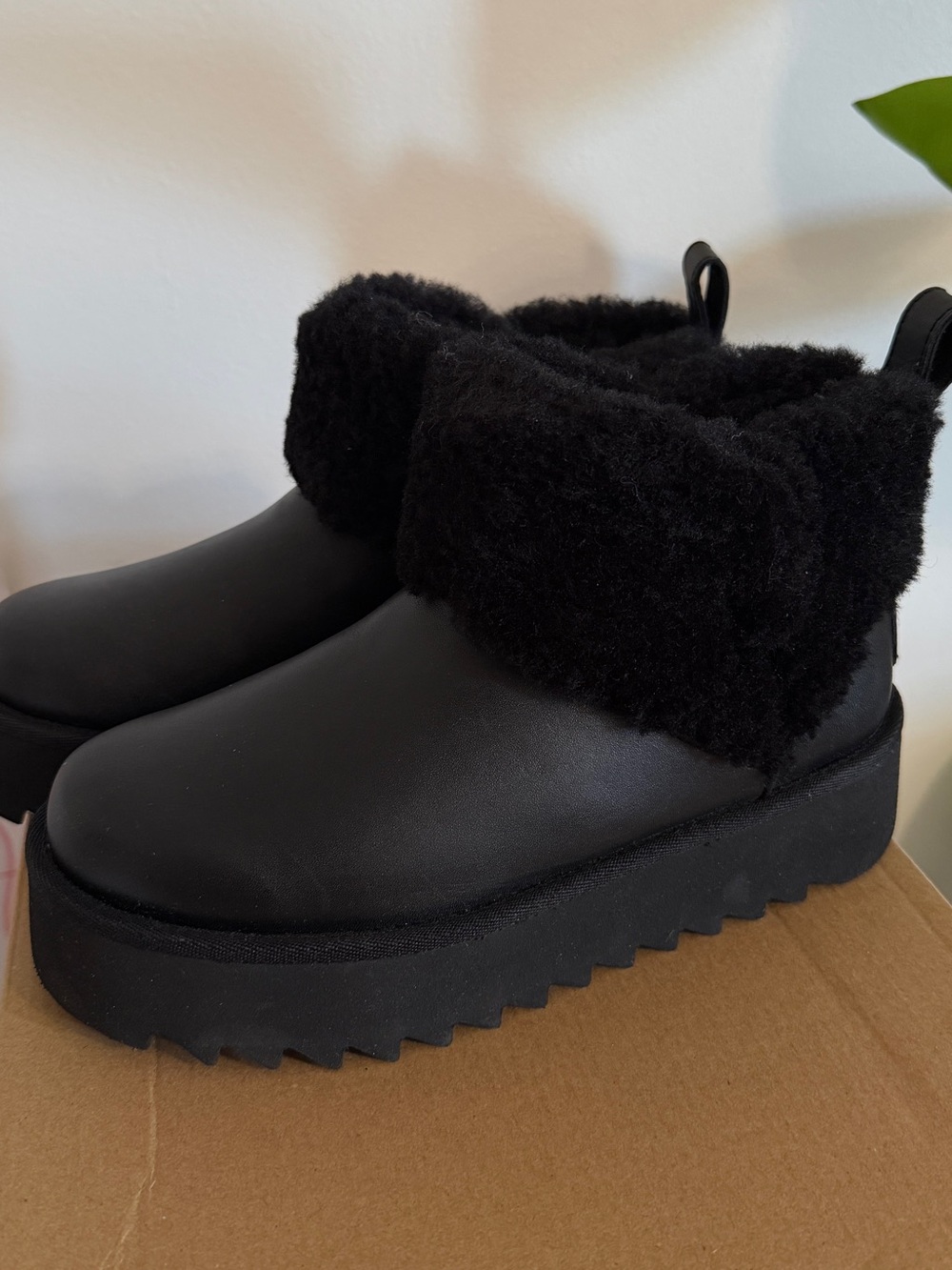 UGG Black Faux-Shearling Platform Ankle Slippers